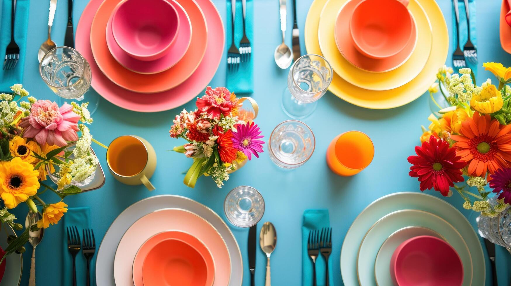 AI generated Color-coordinated tableware and centerpieces set the mood for celebration with copy space photo