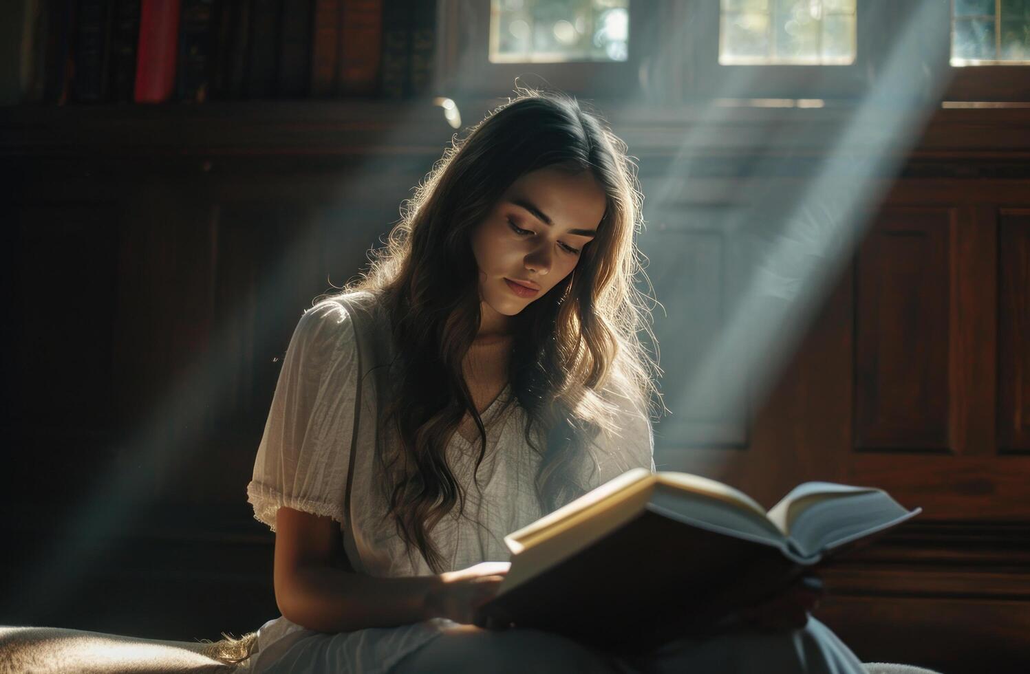 ai generado dama sentado a ordenador portátil sentado en frente de un apertura libro foto