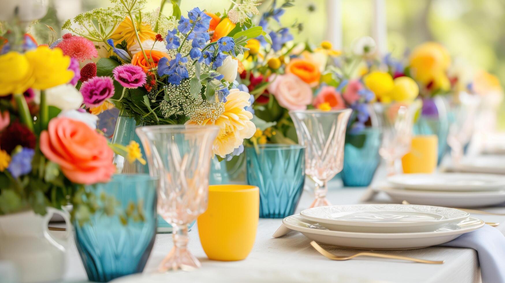 AI generated Color-coordinated tableware and centerpieces set the mood for celebration with copy space photo