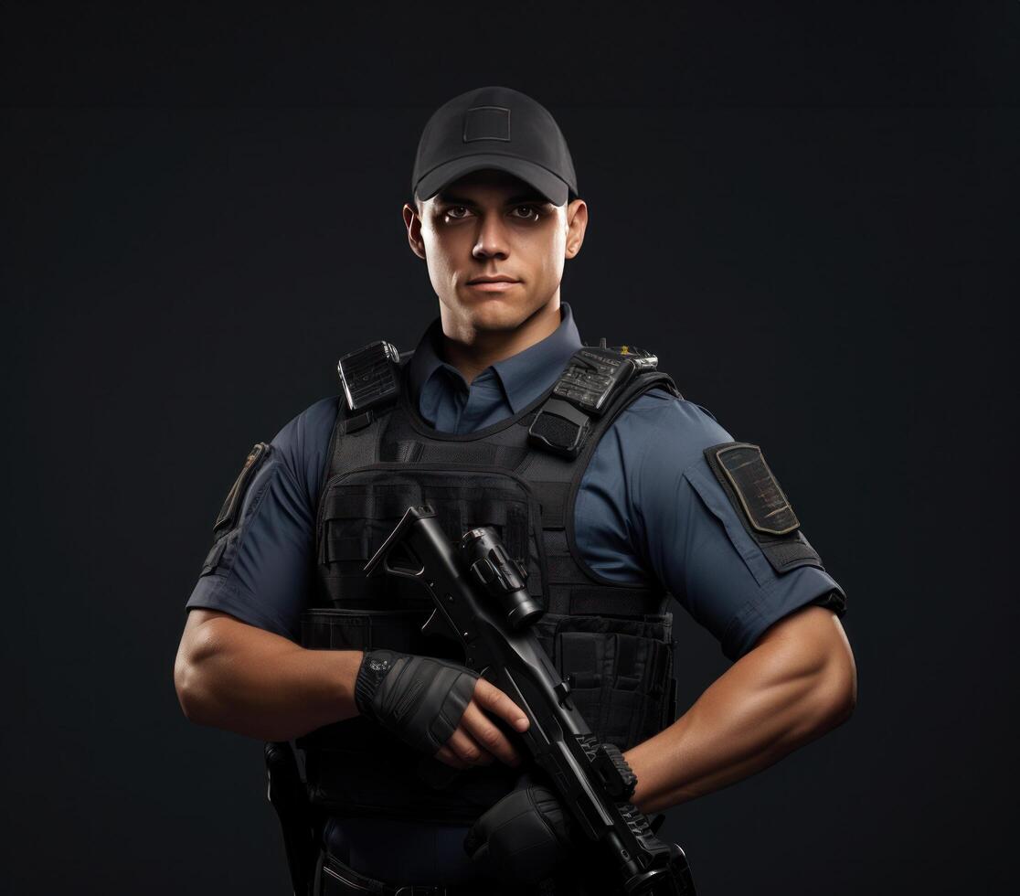 AI generated policeman posing with his hands in his pockets photo