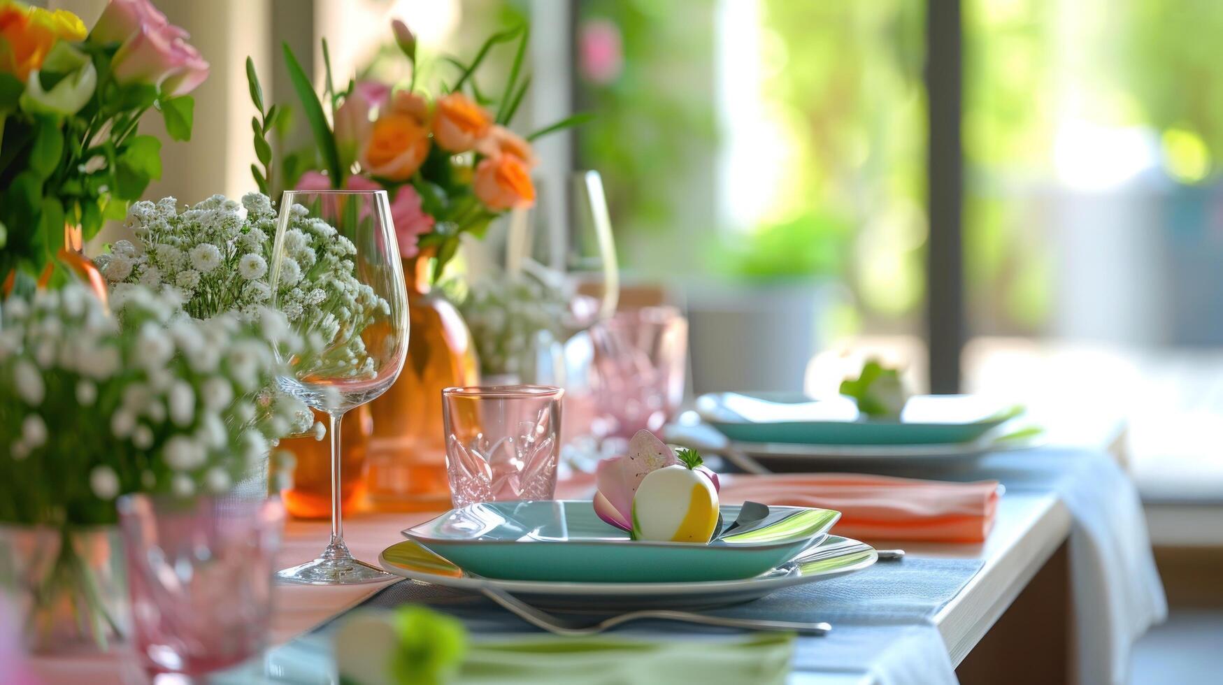 AI generated Color-coordinated tableware and centerpieces set the mood for celebration with copy space photo