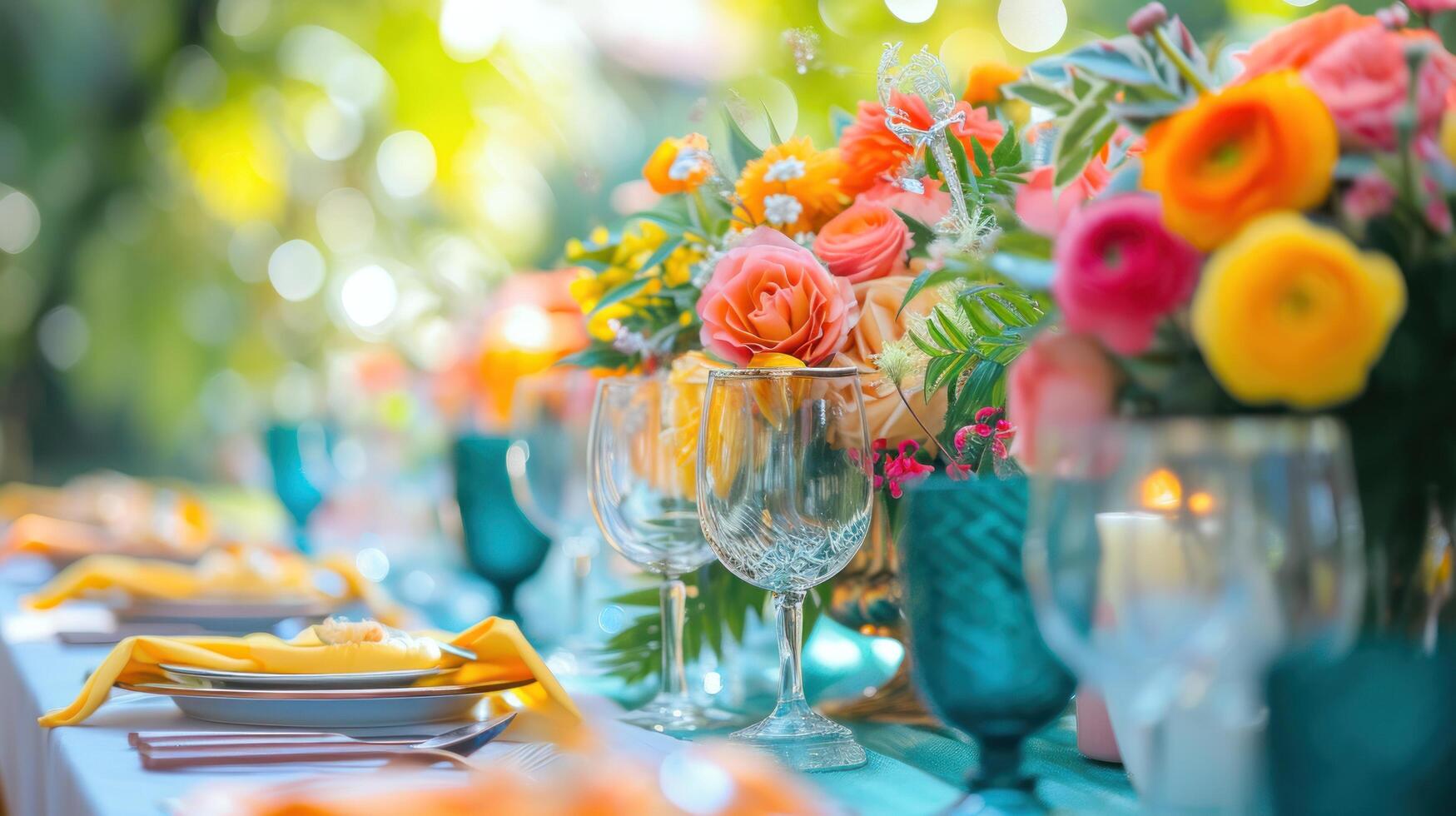 AI generated Color-coordinated tableware and centerpieces set the mood for celebration with copy space photo