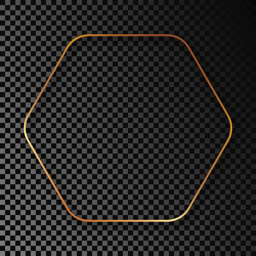 Gold glowing rounded hexagon frame with shadow isolated on dark background. Shiny frame with glowing effects. Vector illustration.