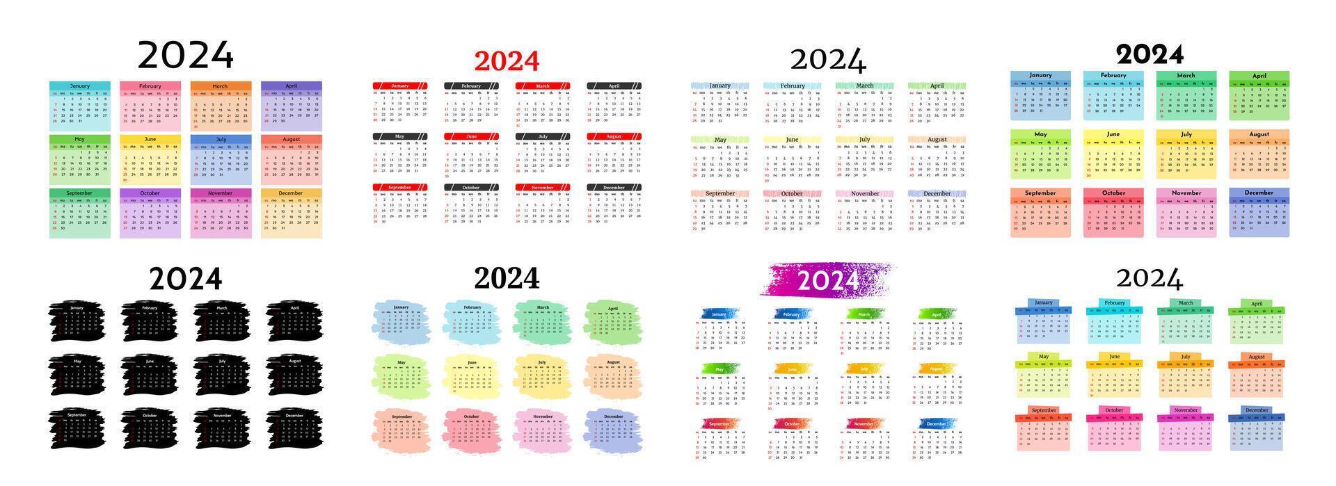 Set of six calendars for 2024 isolated on a white background. Sunday to Monday, business template. Vector illustration
