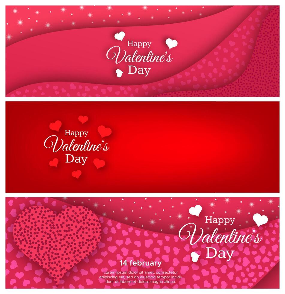 Happy Valentines Day Background. Set of three horisontal banners. Valentines day poster with red, white and pink hearts. Vector illustration.