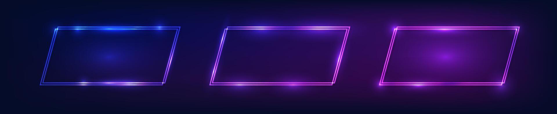 Set of neon double frames with shining effects vector