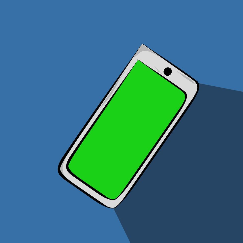 Vector illustration of smartphone front view with green screen isolated on blue background. flat style.