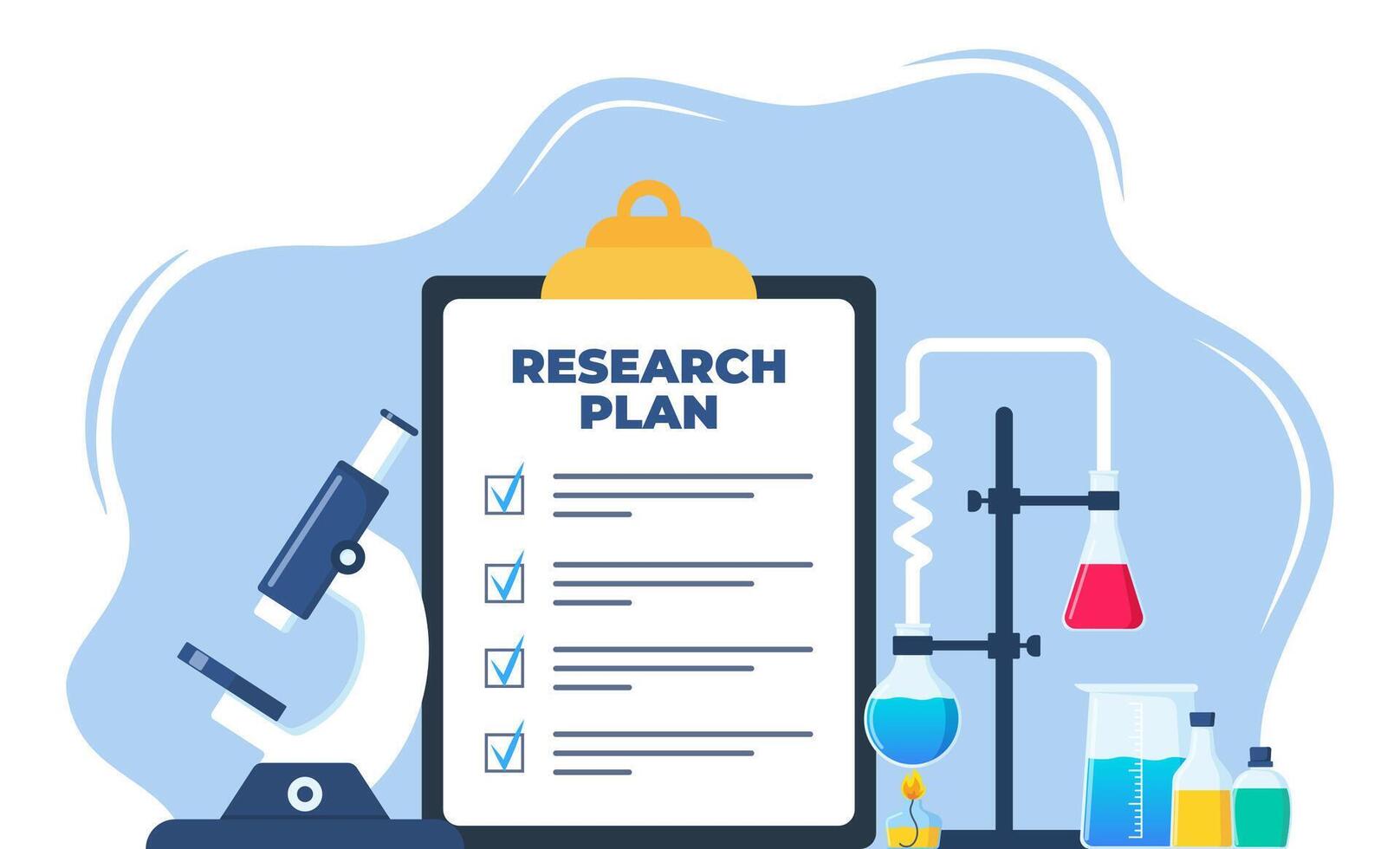 Chemical laboratory research plan on clipboard with checklist. Chemical Laboratory with different glass flasks, vials. Lab research, testing, studies in chemistry. Vector illustration.