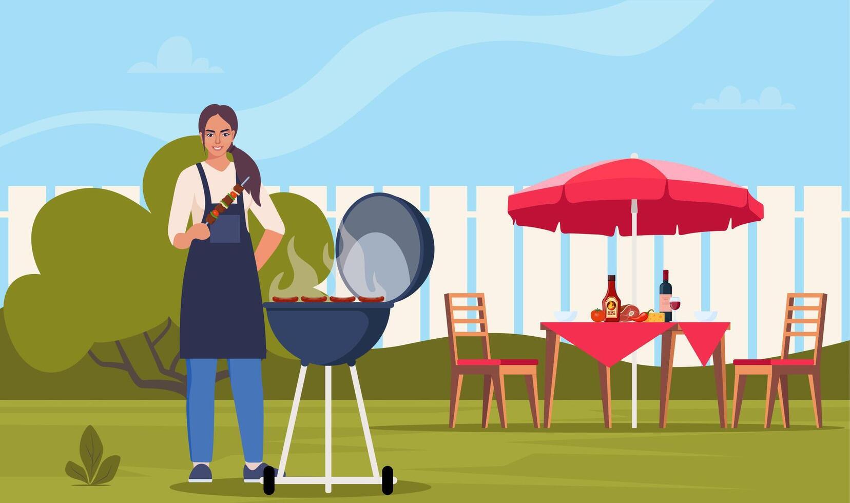 Woman cooking barbeque on backyard. BBQ party. Grilling meat and vegetables outside. Backyard picnic on a weekend. Vector illustration.