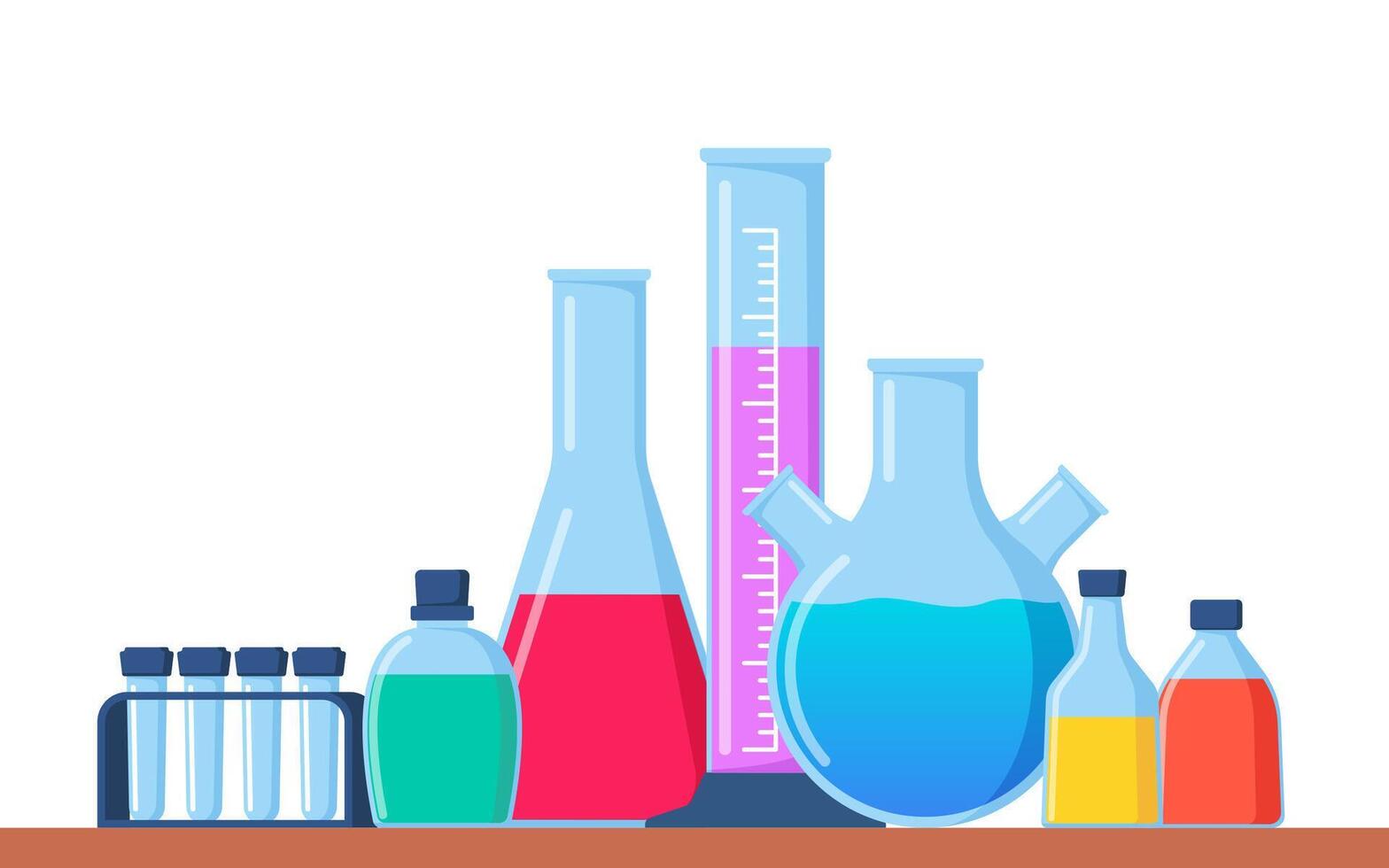 Chemical Laboratory with different glass flasks, vials, test-tubes with substance and reagents. Lab research, testing, studies in chemistry, physics, biology. Banner, poster. Vector illustration.