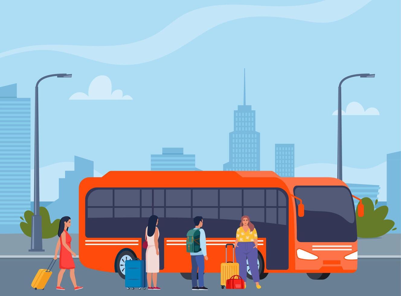 People on auto station. Man, woman standing near transport, waiting for passenger boarding. Citizen, urban infrastructure concept. Vector illustration.