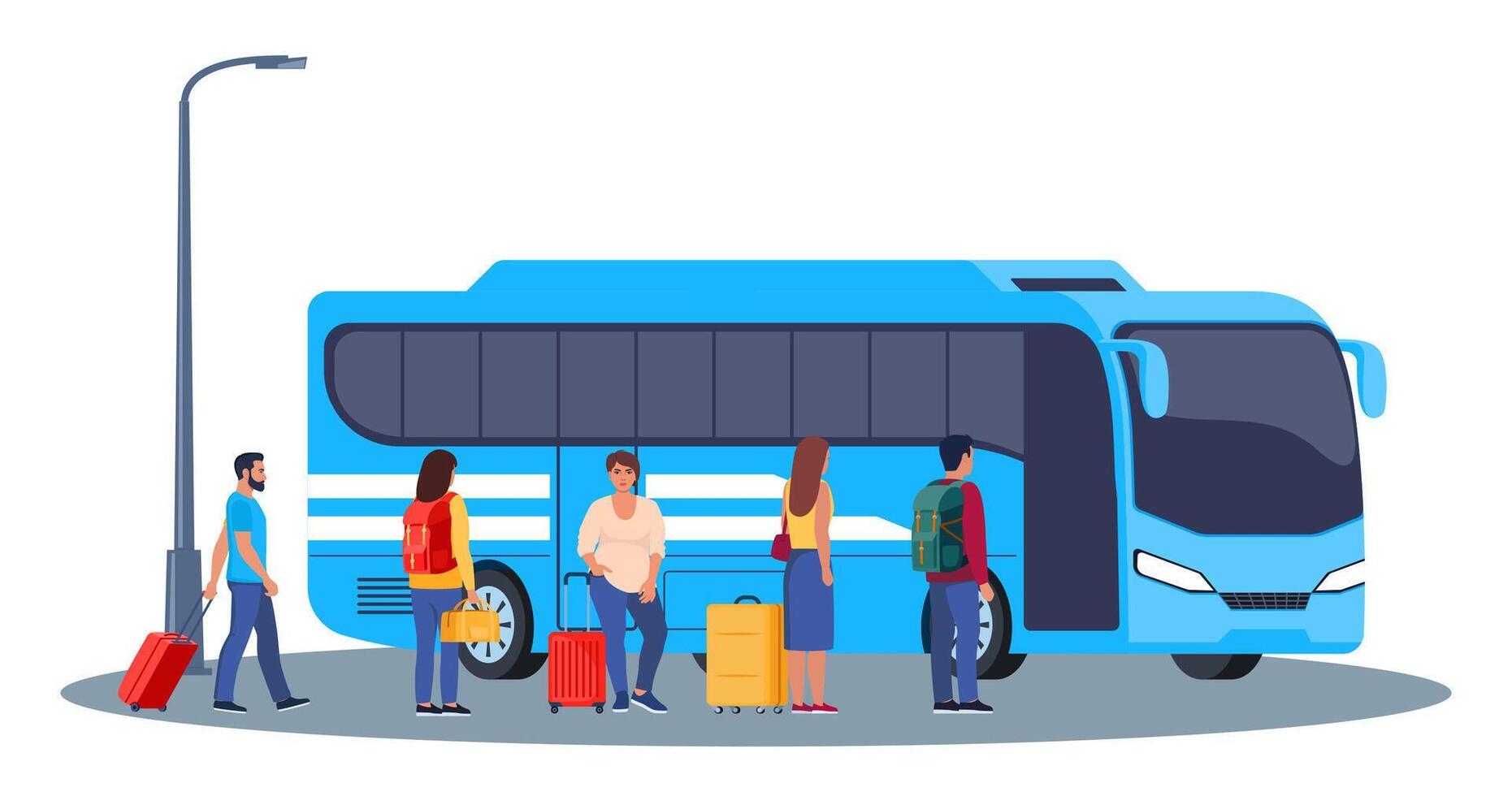 People on auto station. Man, woman standing near transport, waiting for passenger boarding. Citizen, urban infrastructure concept. Vector illustration.