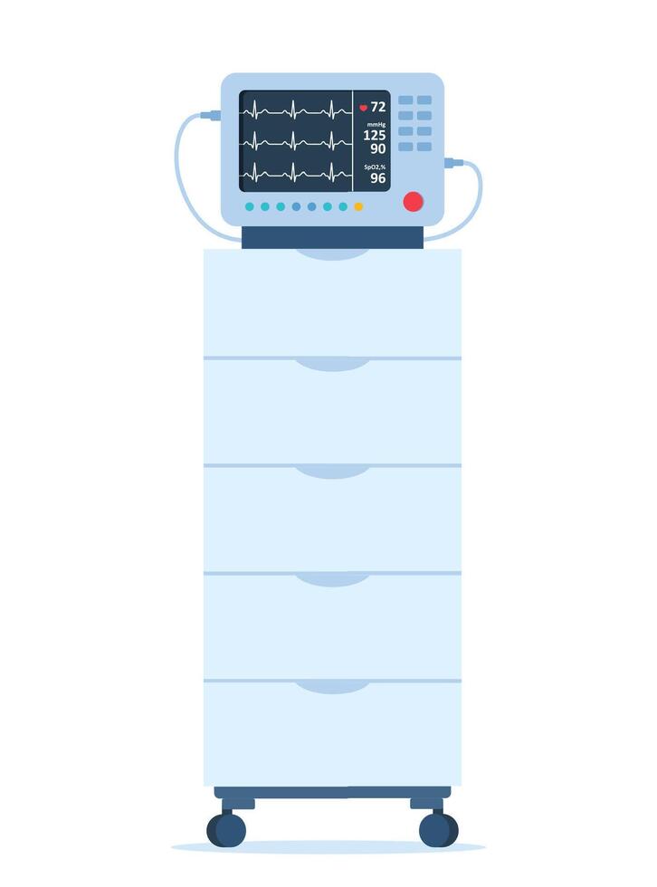 Cardiac monitor. Patient monitoring medical equipment. Monitor for detecting changes in patient wellbeing. Critical Monitoring medical equipment. Vector illustration.