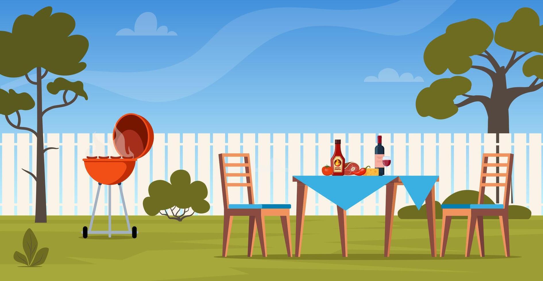 Barbeque scene on backyard. Table, chairs, food. Grilling meat and vegetables outside. Backyard picnic on a weekend. Vector illustration.
