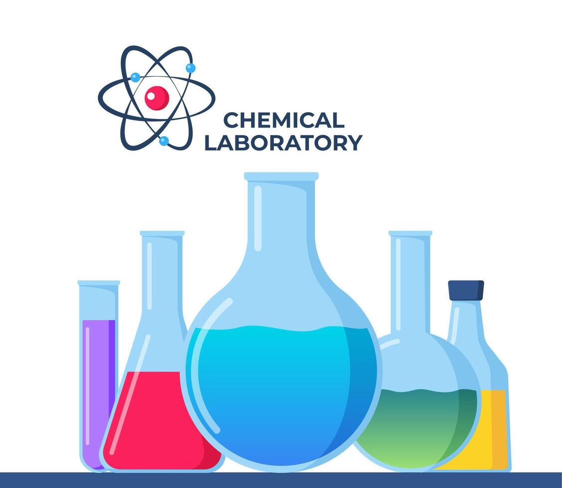 Transparent glassware with chemical reagents. Laboratory test tubes. Medical scientific research. Experiment equipment. Lab measuring beaker. Bottle, flask. Vector illustration.