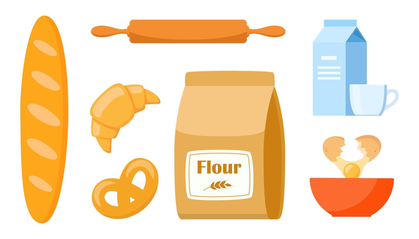 Pastry making equipment and ingredients. Baking tools set. Delicious baking. Vector illustration.