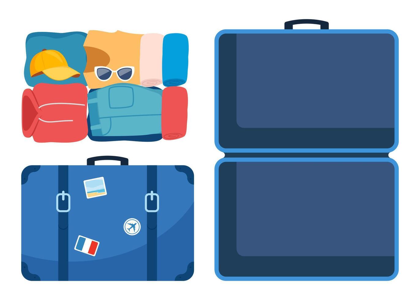 Suitcase, open and closed, ready for packing. Front and top view. Preparing for the trip. Packed clothes for travel. Clothing, footwear and accessories. Personal belongings. Vector illustration.