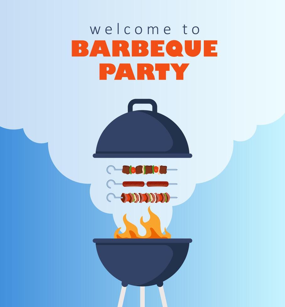 Barbeque party invitation card or poster template with grill food flyer. Vector illustration.