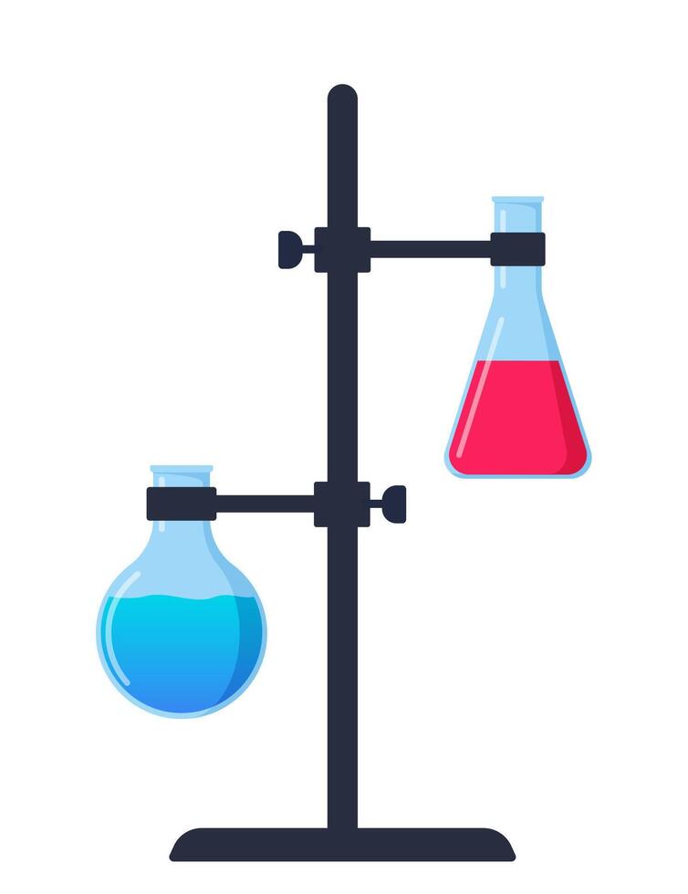 Chemical Laboratory with different glass flasks, vials, test-tubes with substance and reagents. Lab research, testing, studies in chemistry, physics, biology. Banner, poster. Vector illustration.