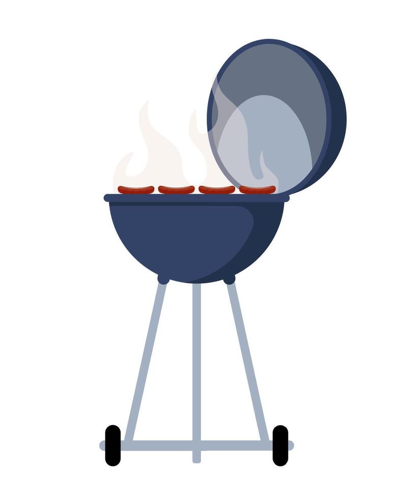 Round barbeque grill, BBQ icon, device for grilling food. Vector illustration.