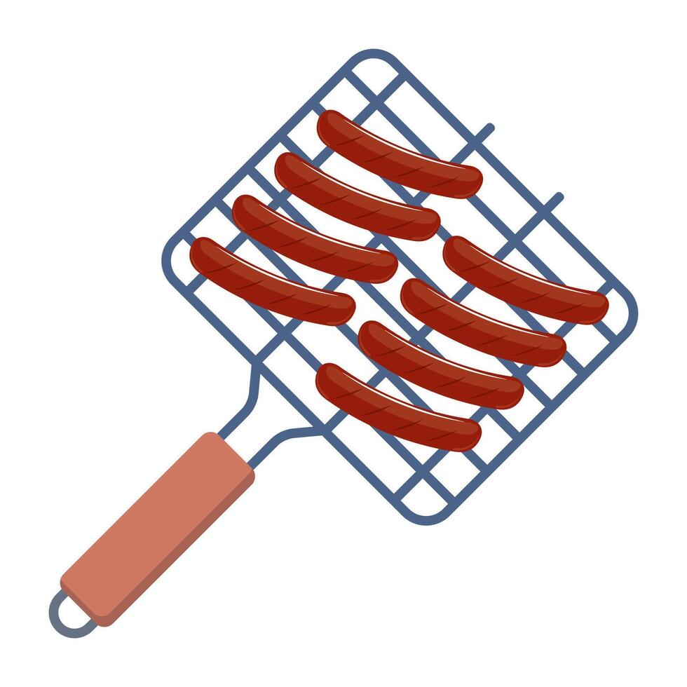 Barbeque grill grate with sausages, device for grilling food. Top view. Vector illustration.