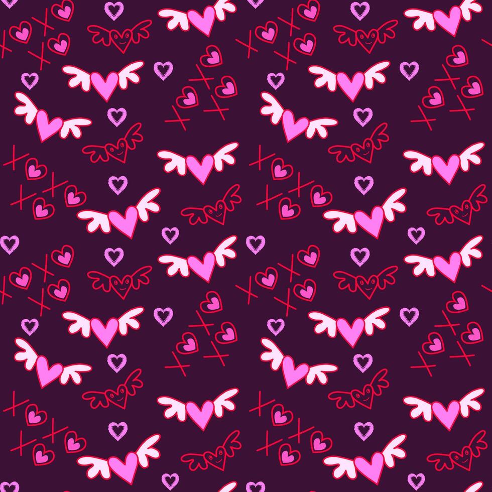 pattern love wings with cute cartoon doodles on dar background vector