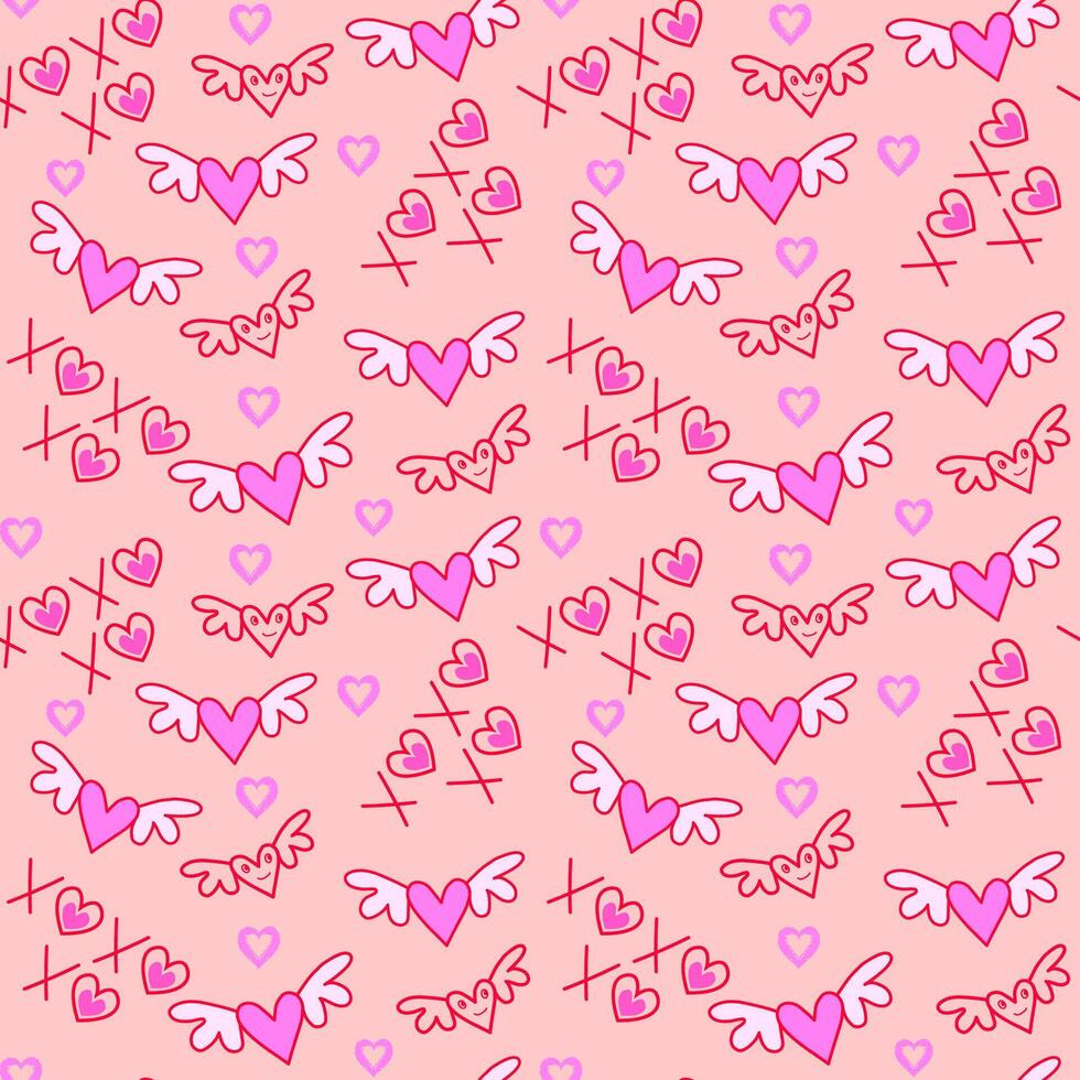 pattern Valentines day with doodle XOXO,wings,hearts vector