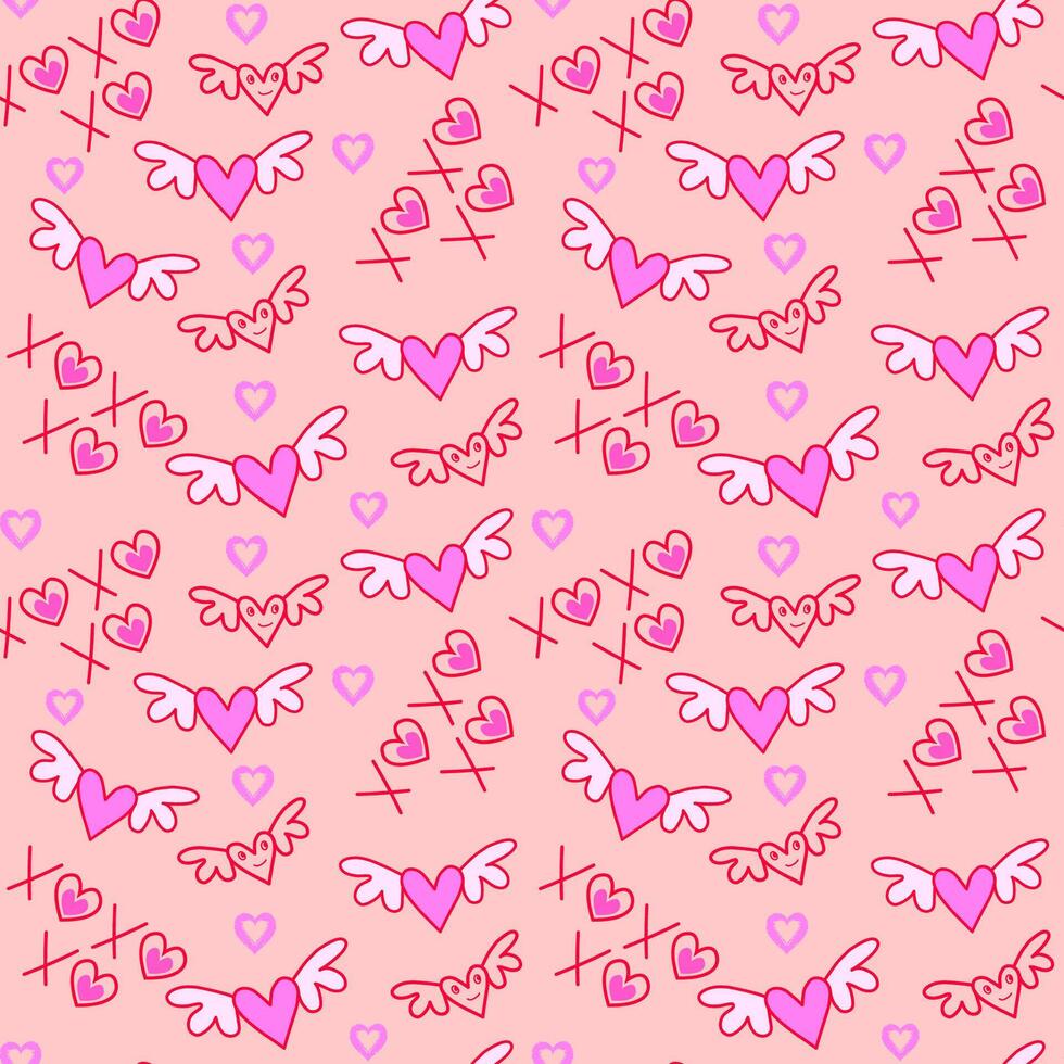 pattern Valentines day with doodle XOXO,wings,hearts vector