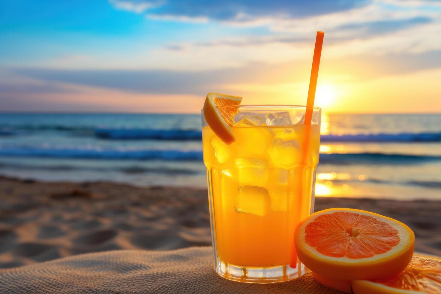 AI generated orange juice in the sand photo