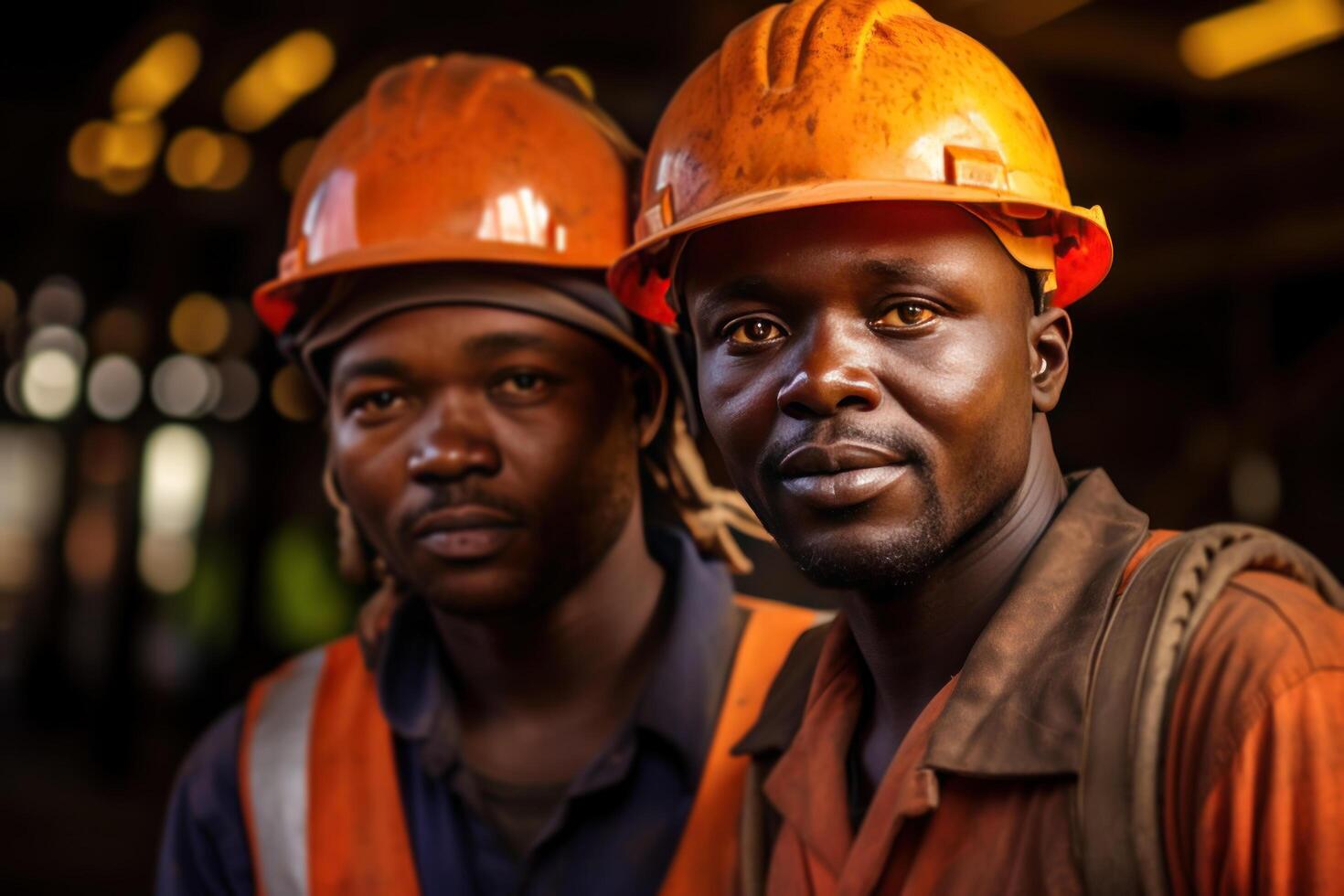 AI generated mining workers wear orange hard hats photo