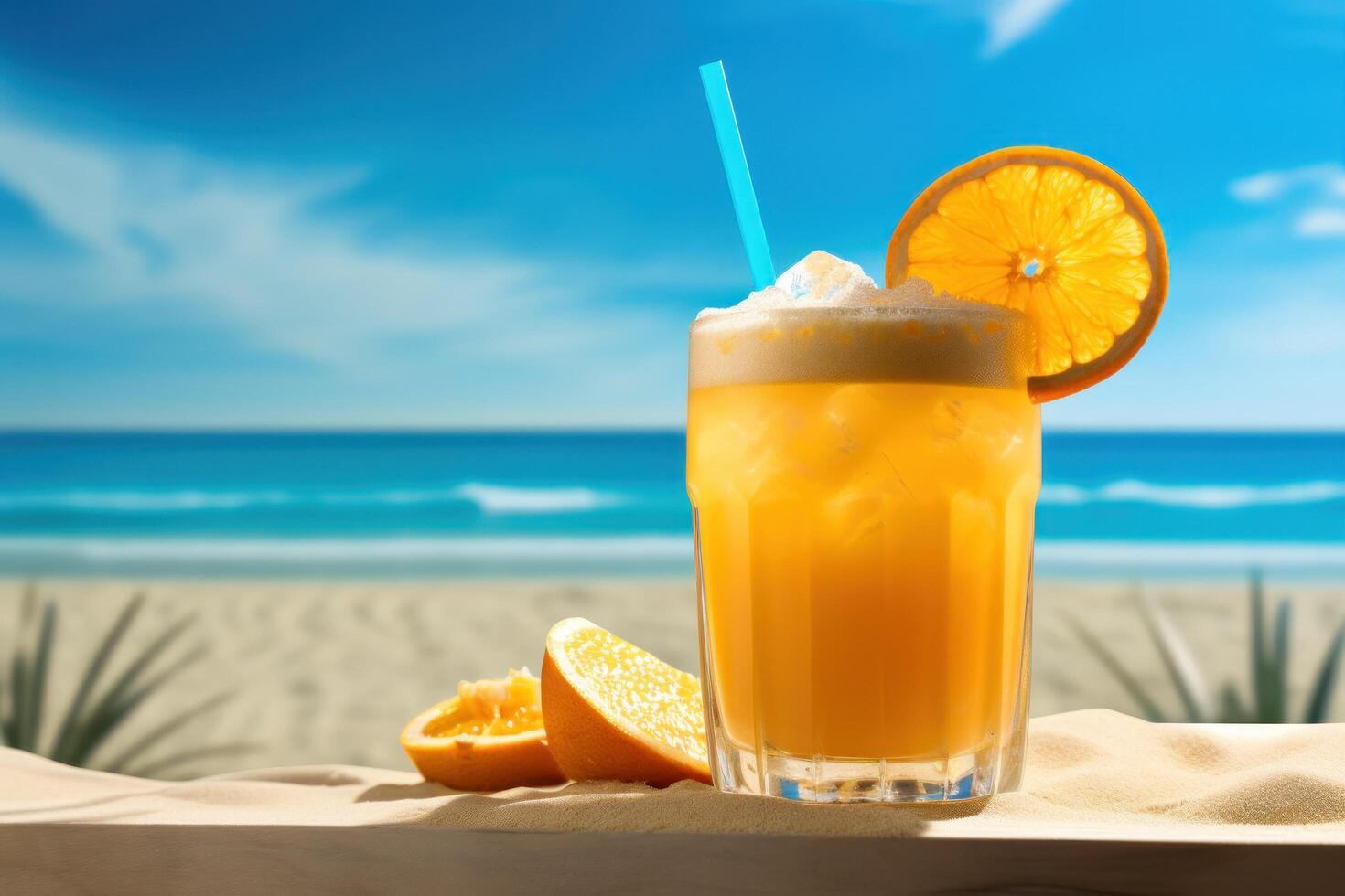AI generated orange juice in the sand photo