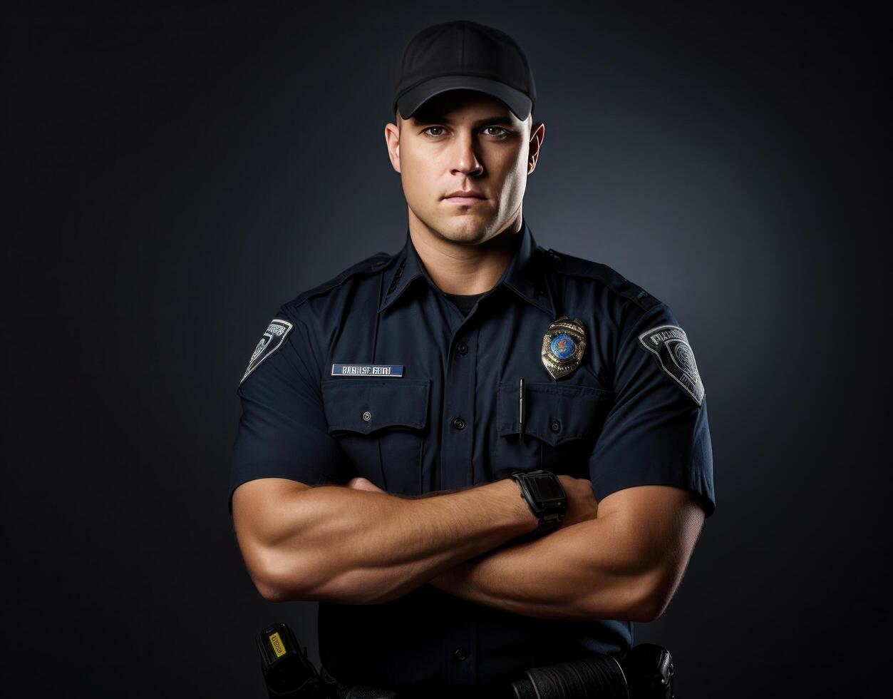 AI generated policeman posing with his hands in his pockets photo