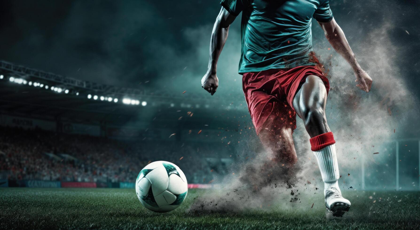 AI generated man kicking soccer ball at football match photo