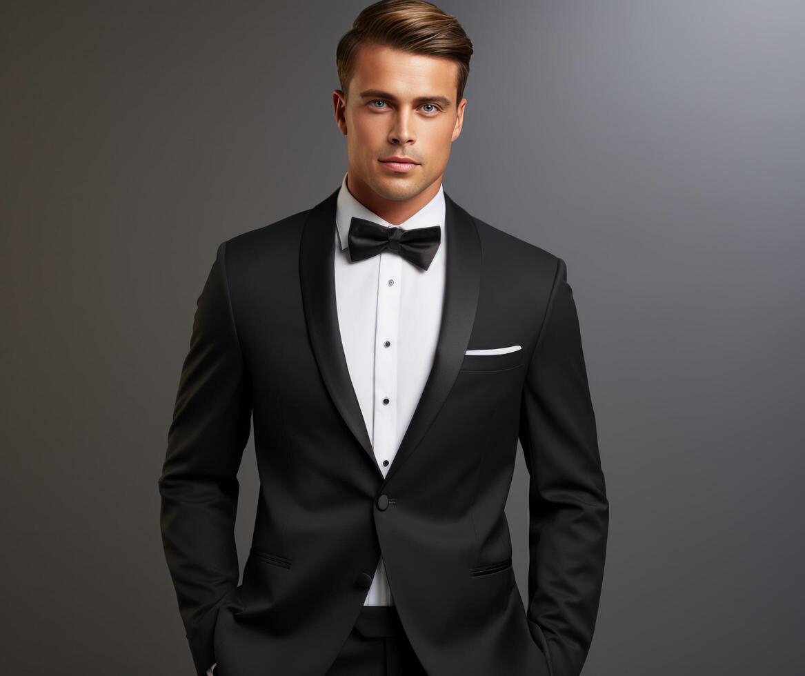 AI generated this tuxedo is black and features a bow tie, whistlerian photo