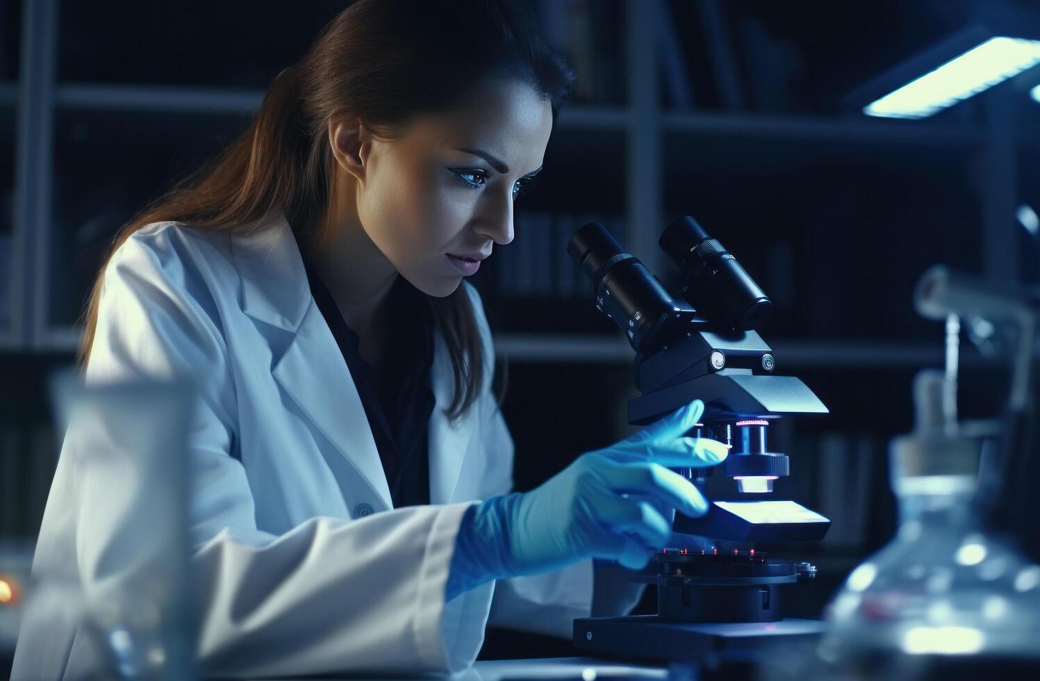 AI generated white shirt female scientist looks up at sample with microscope, photo