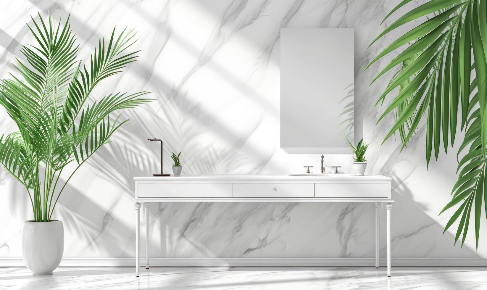 AI generated white vanity table and palm tree wall photo