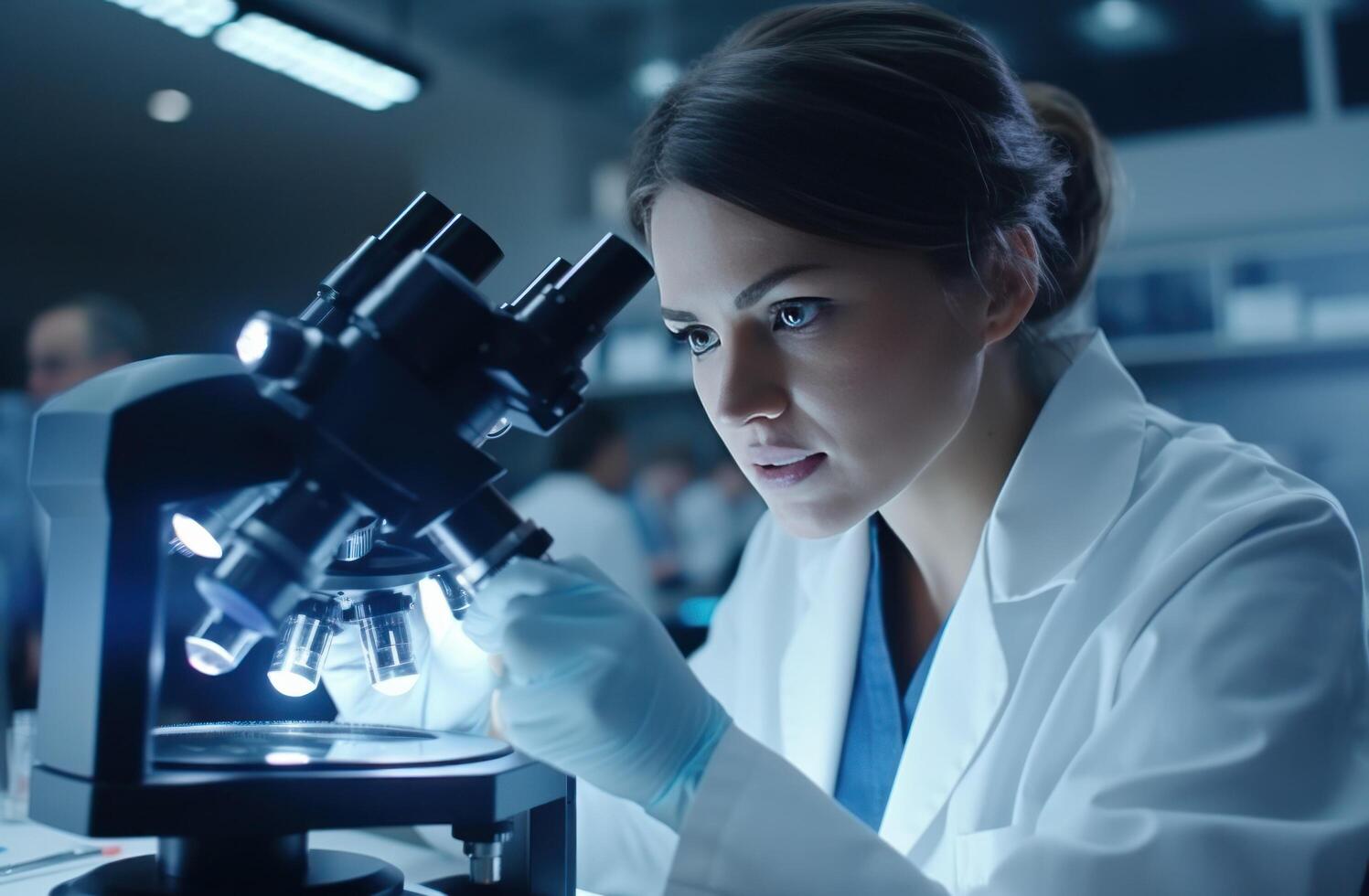 AI generated white shirt female scientist looks up at sample with microscope, photo