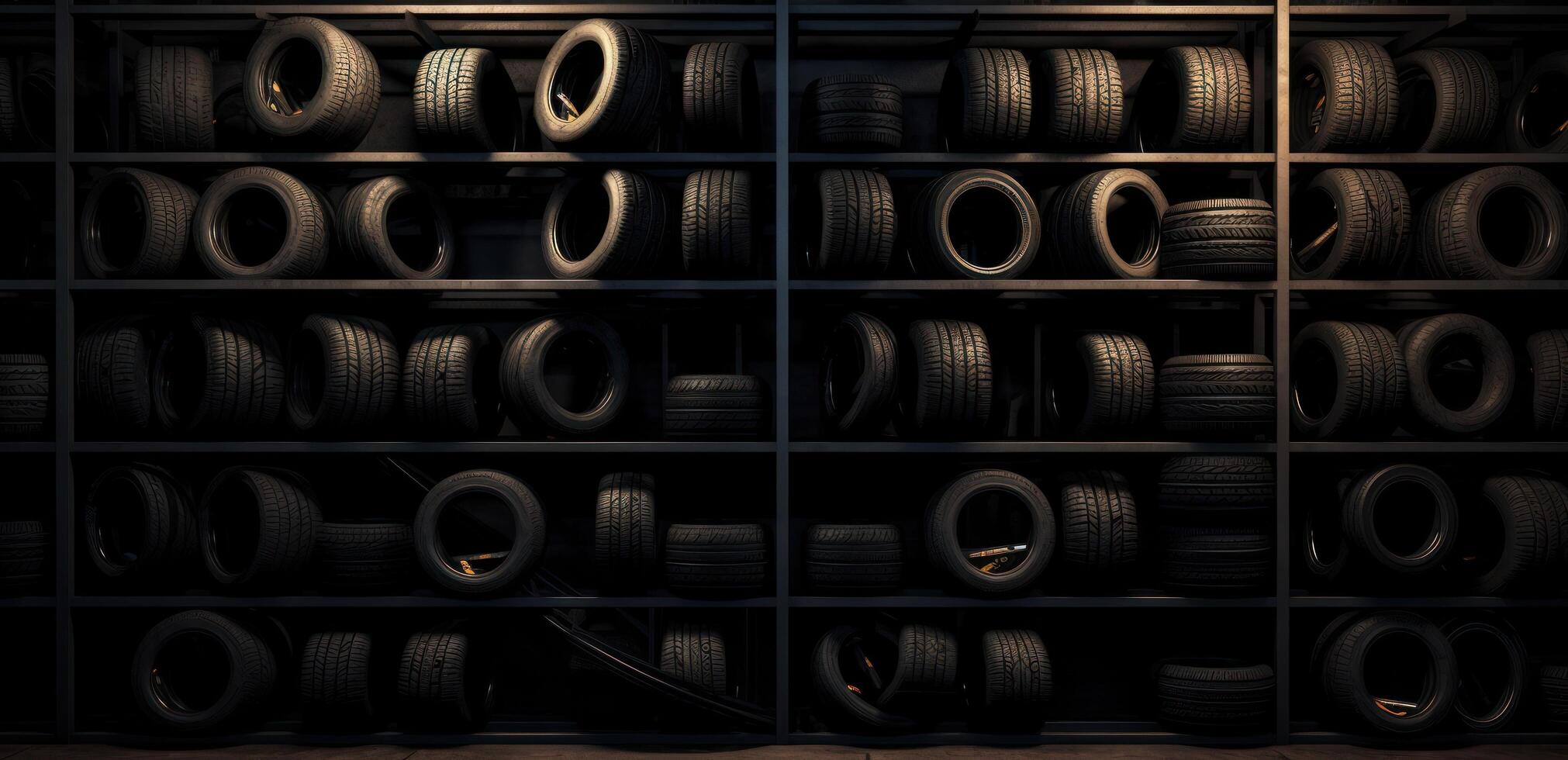 AI generated a black tire rack filled with tires photo