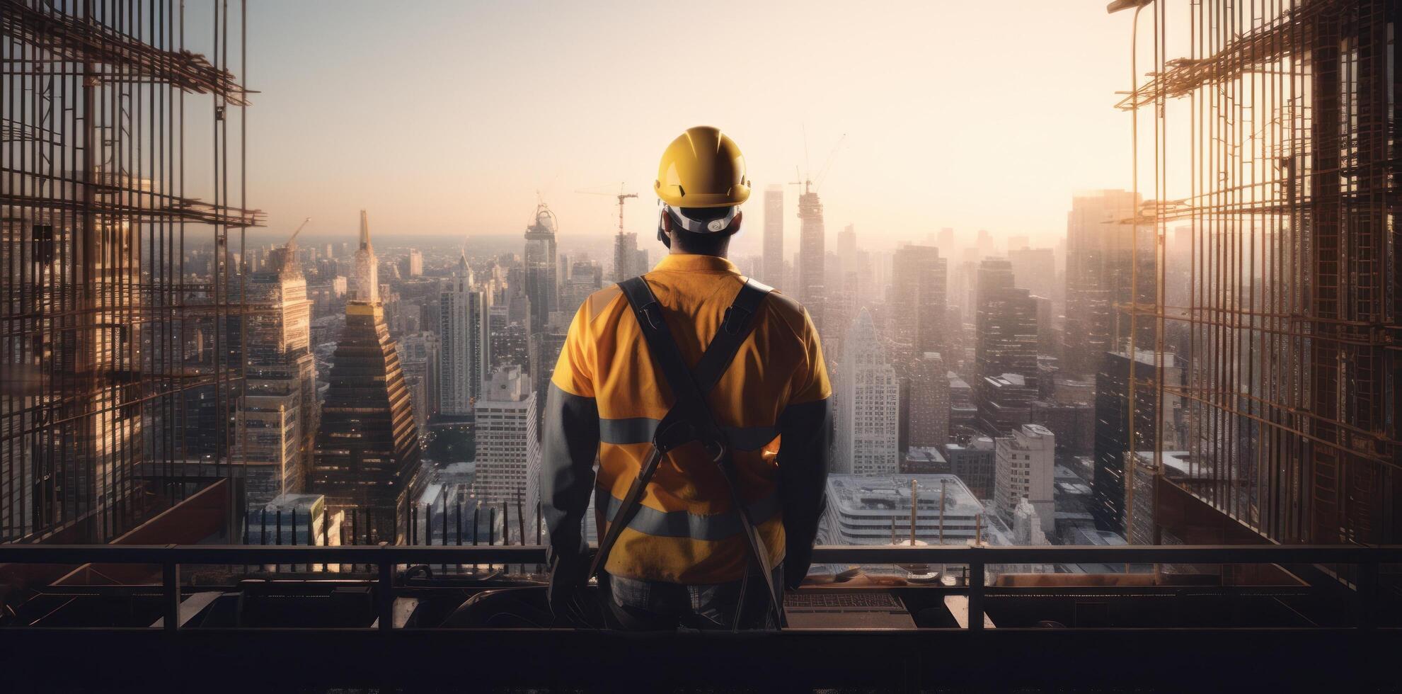 ai generado un construcción trabajador es en pie en un ciudad foto