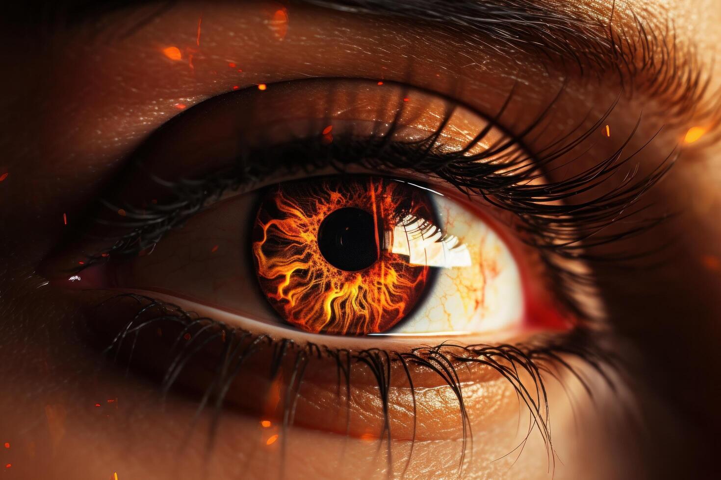 AI generated an image of woman's eye with the reflection of fire photo