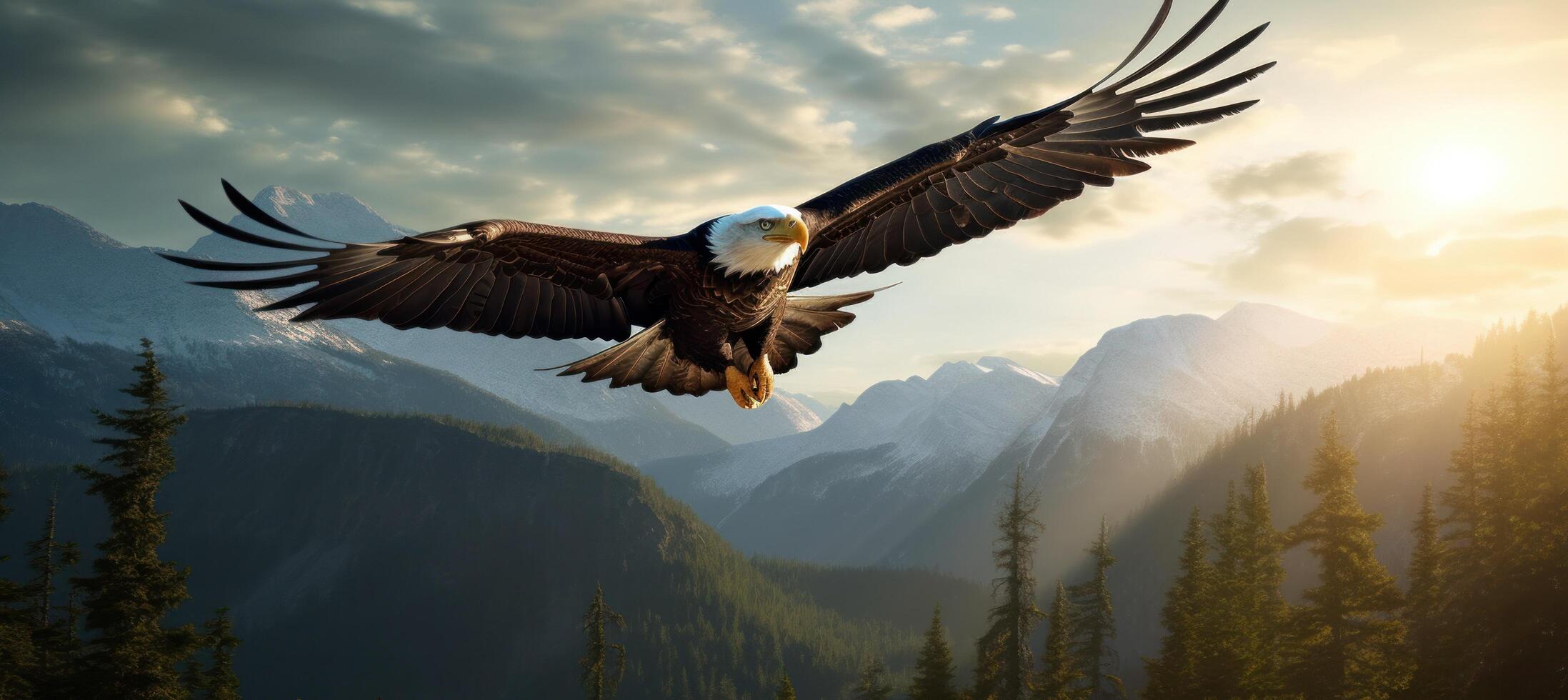 ai generado americano calvo águila volador con un bandera en el antecedentes foto