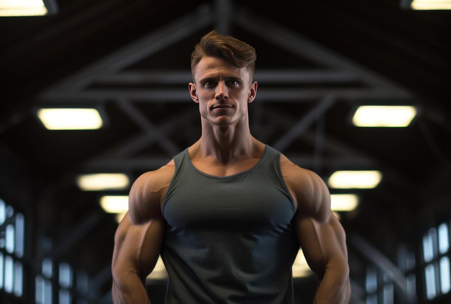 AI generated a man posing in the gym with his muscular body photo