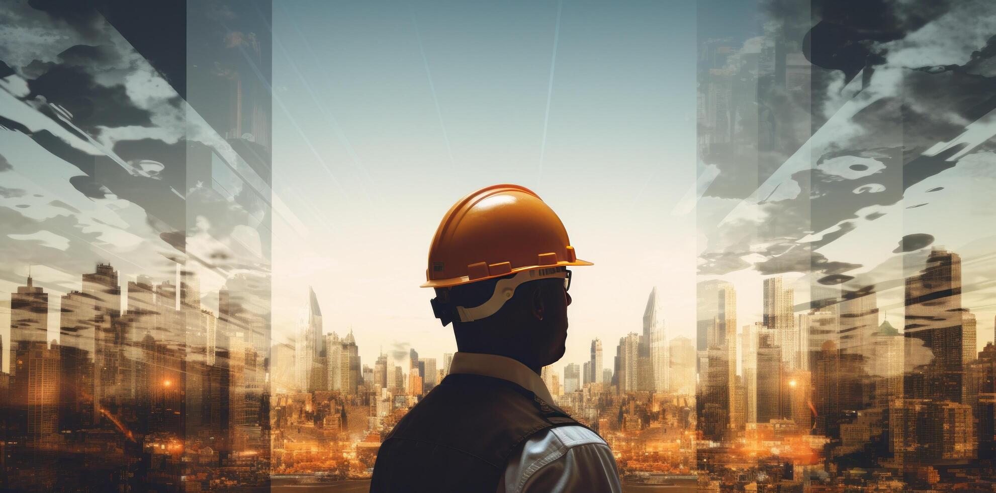 AI generated a man is reflected in a hard hat over the city photo