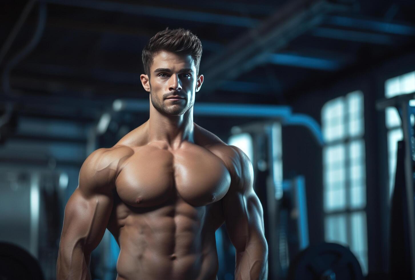 ai generado un hombre posando en el gimnasio con su muscular cuerpo foto