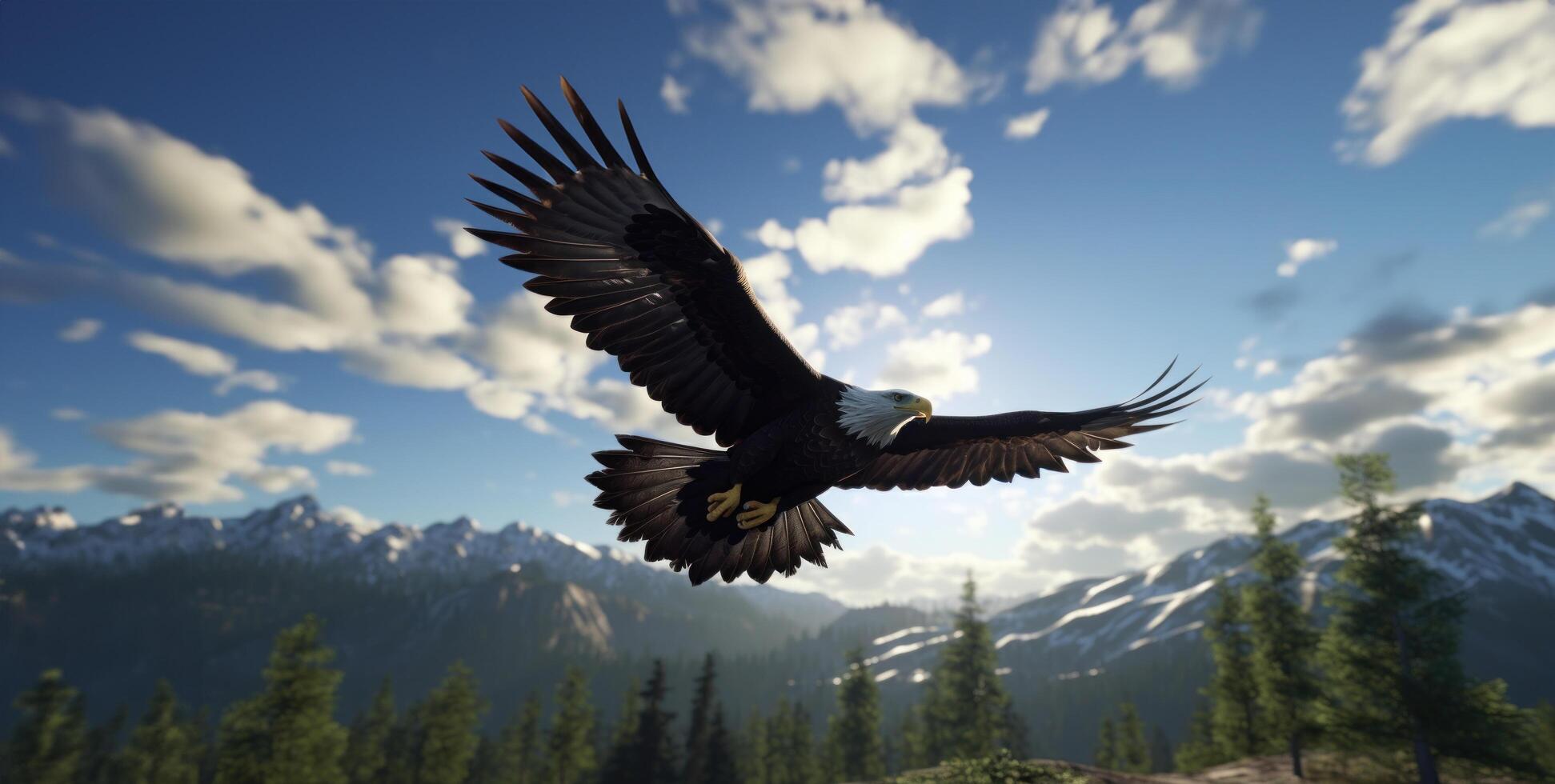 AI generated american bald eagle flying with a flag in the background photo