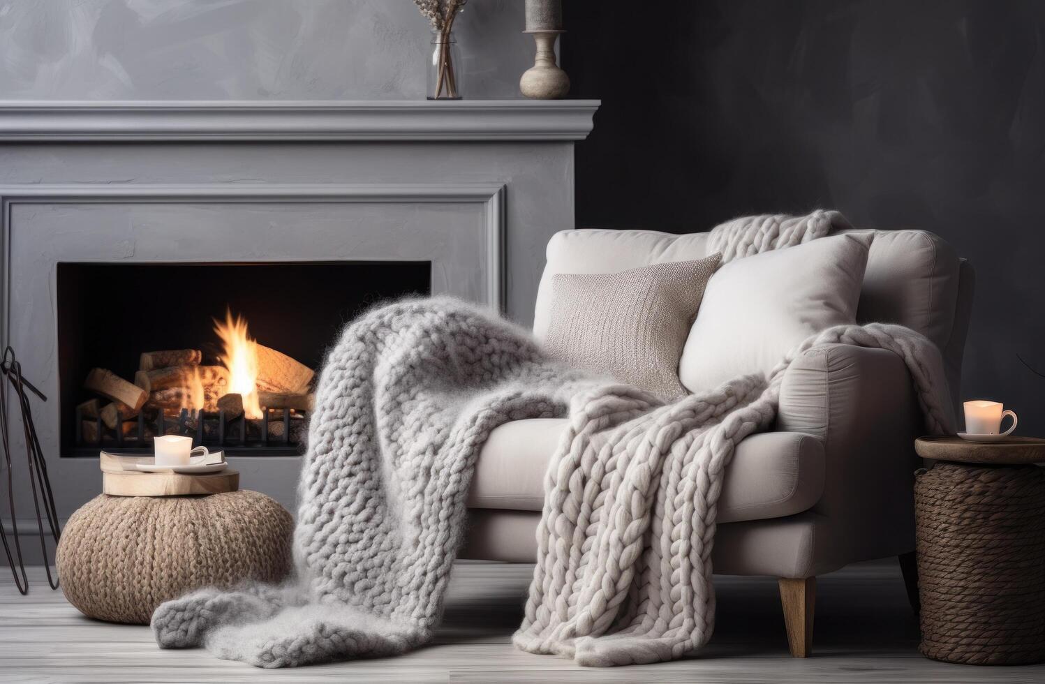 AI generated beautiful fireplace with a cozy couch and light candles on a table photo