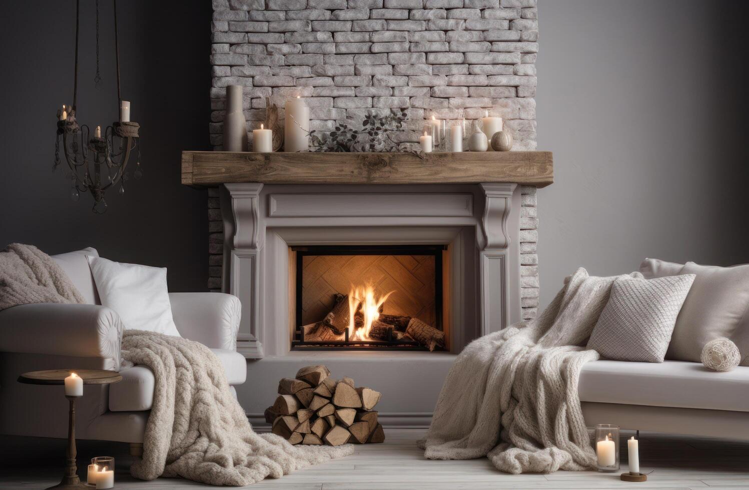 AI generated beautiful fireplace with a cozy couch and light candles on a table photo