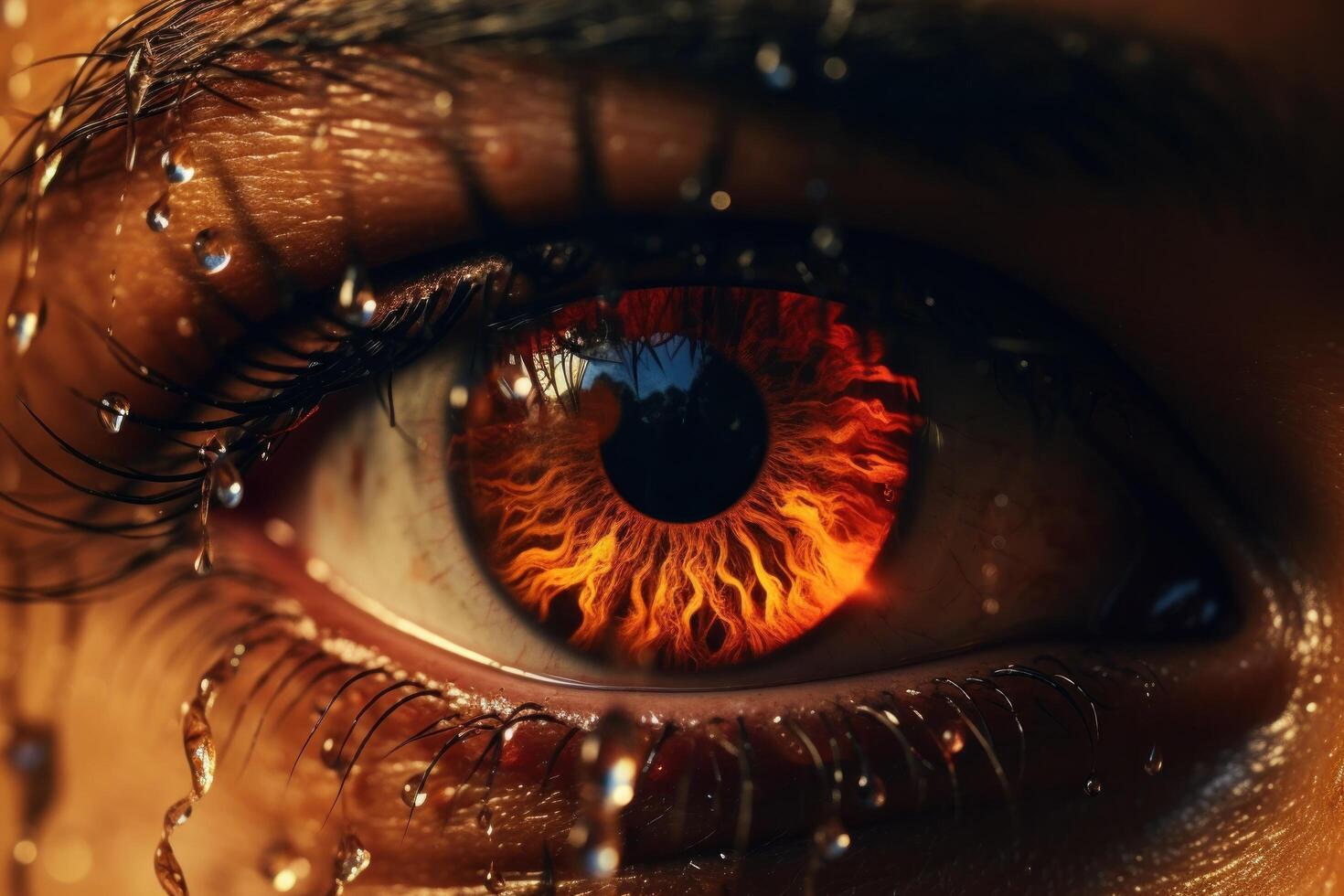 AI generated fire dripping down the eye of a person, uhd image, science fiction influences photo