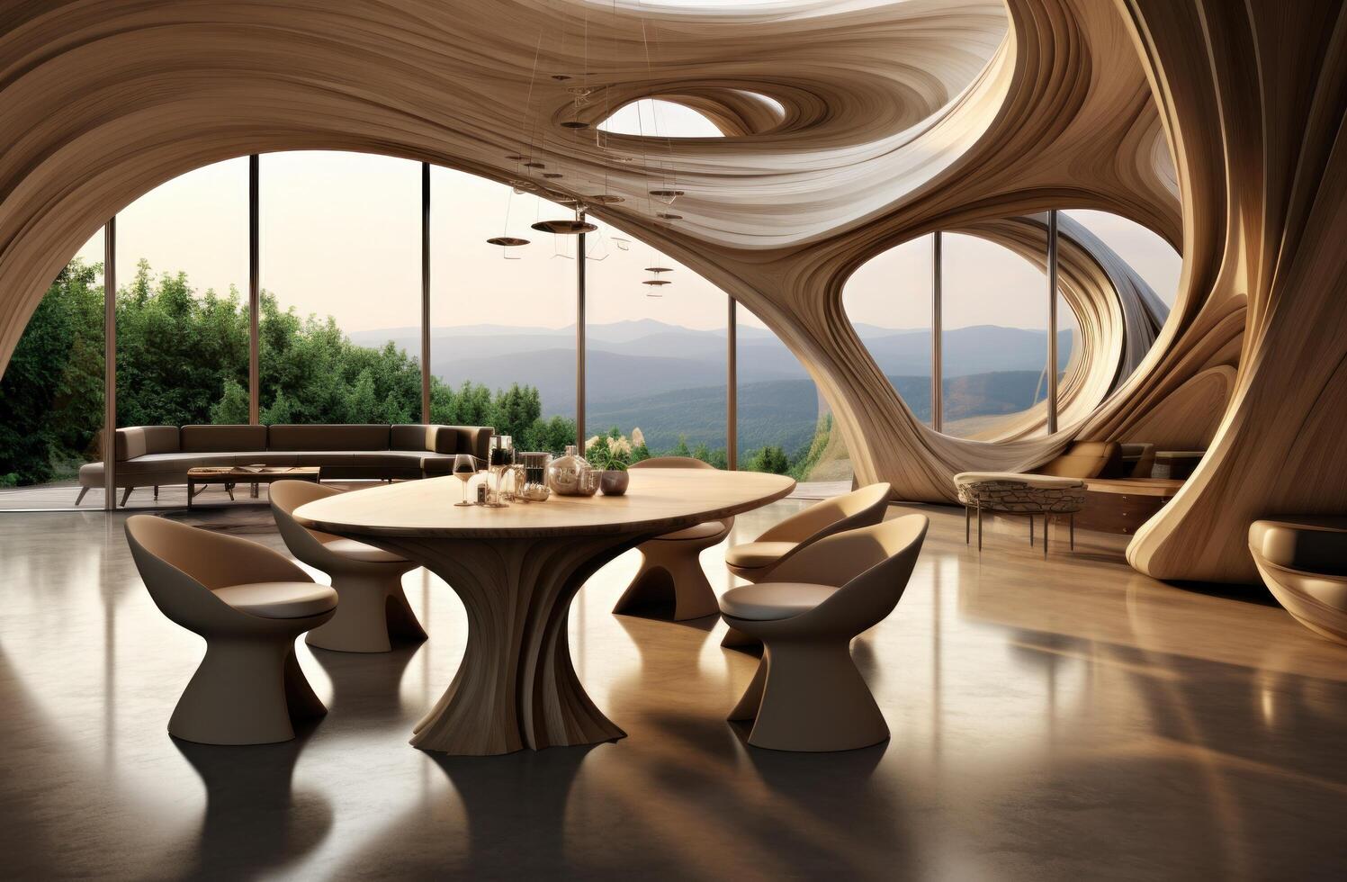 AI generated a wooden dining room with curved edges photo