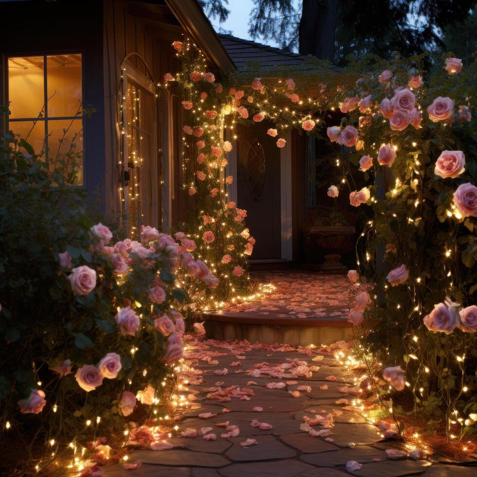 AI generated Rose-petal path, twinkling lights, and sentimental love notes photo